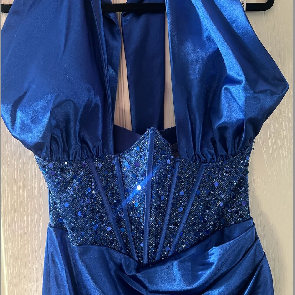 Portia & Scarlett Cobalt Blue Halter Gown - Picture 3 of 5